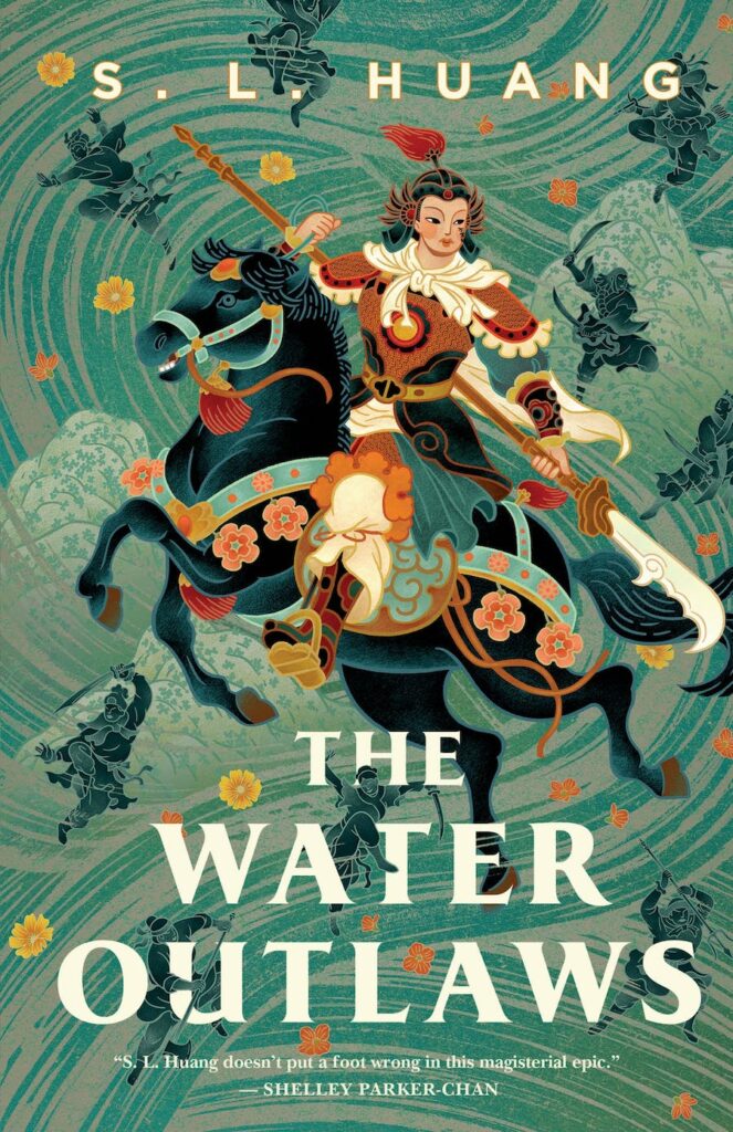 The Water Outlaws book cover shows a woman with a weapon on a rearing horse, martial arts bandits in the background
